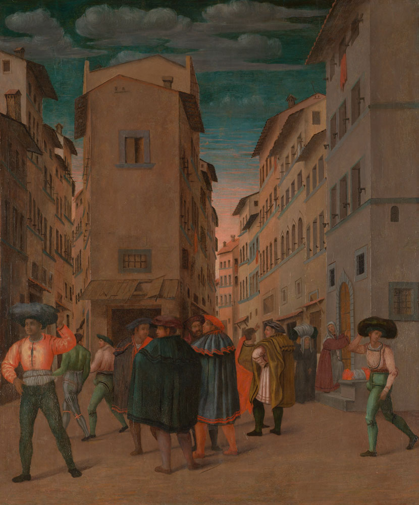 Anonymous - Florentine Street Scene with Twelve Figures (Sheltering the Traveler, one of the Seven Works of Mercy)