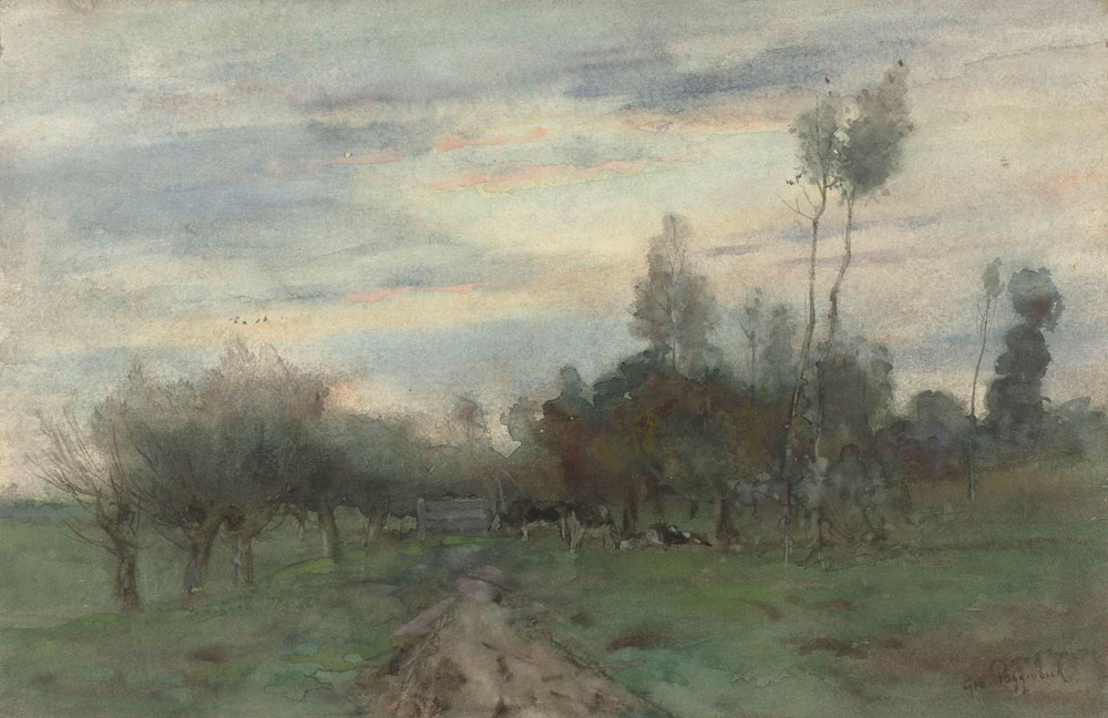 Geo Poggenbeek - Country Road with Cows in the Twilight