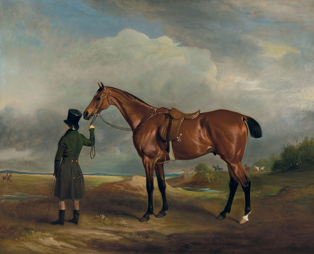 John Ferneley - Mr. H.H.H. Hungerford's second horse Clinker, held by his groom with huntsman and hounds in the distance