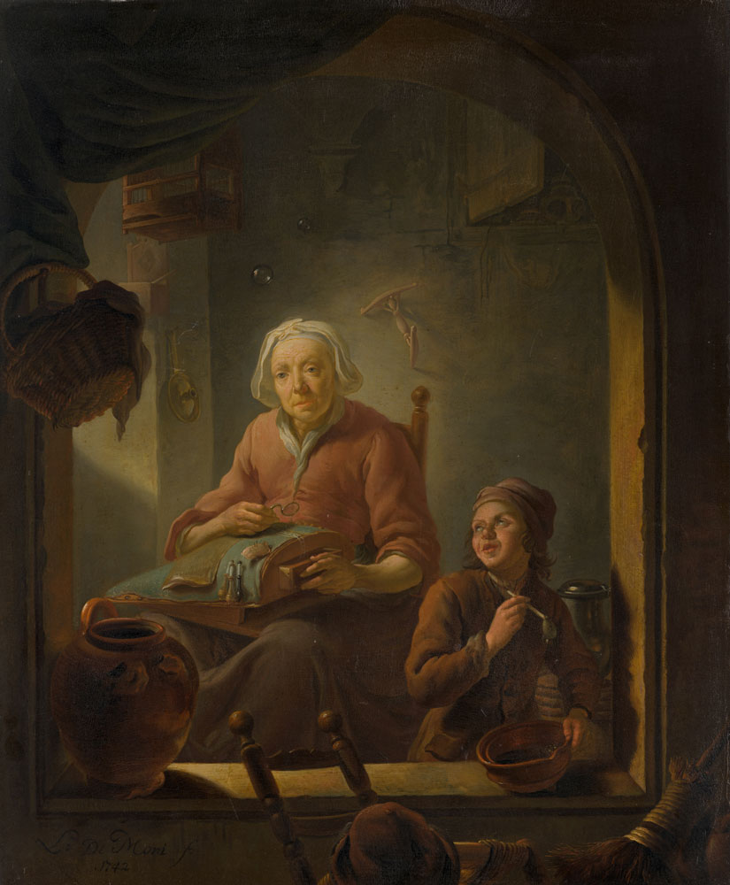 Louis de Moni - A Lacemaker, with a Boy Blowing Bubbles