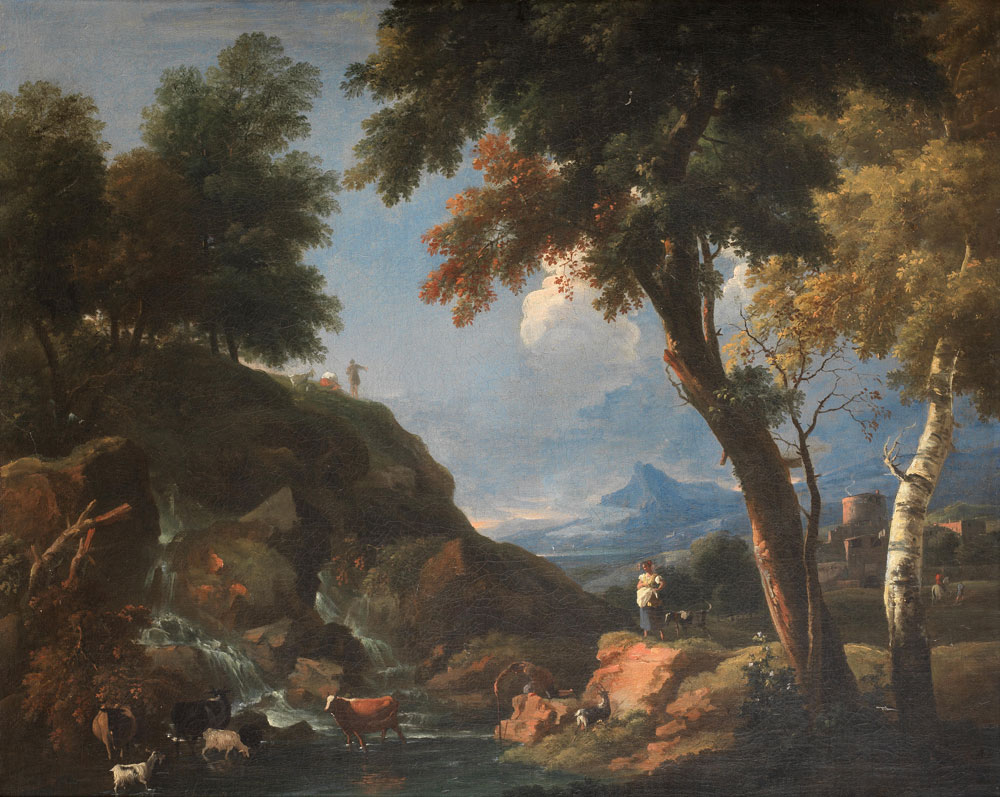 Attributed to Marco Ricci - A wooded river landscape with herders and their animals