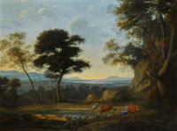 Attributed to Herman van Swanevelt Landscape with a piping herdsman and his cattle beside a lake