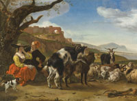Jan Baptist Weenix Italianate landscape with a shepherd showing a woman his flock  