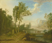 Jan van Huysum An Italianate river landscape with shepherds and mules crossing a bridge