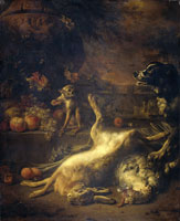 Jan Weenix A Monkey and a Dog with Dead Game and Fruit