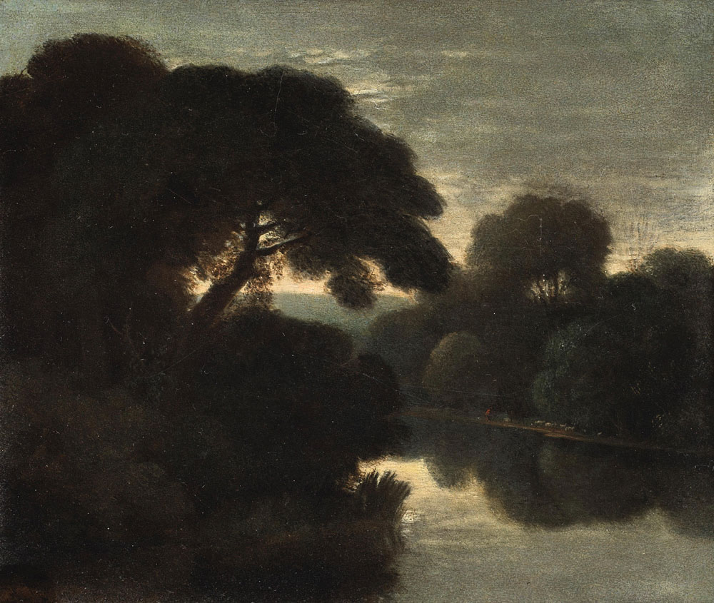 Follower of Adam Elsheimer - A river landscape at dusk