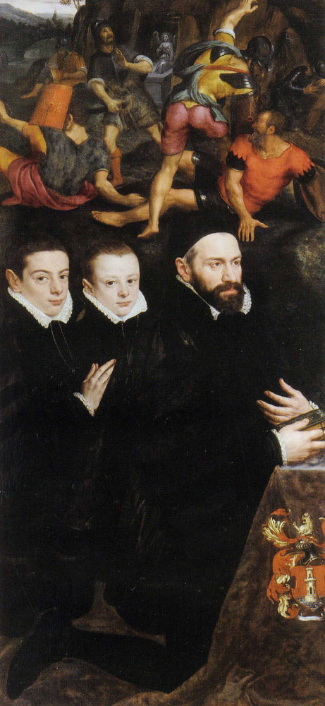 Adriaen Thomasz. Key - Donor Portraits of Antonio del Rio and His Two Sons with the Resurrection of Christ in the Background