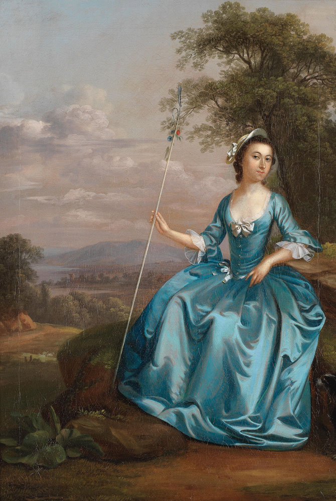 Arthur Devis - Portrait of Mrs Bates as a shepherdess, full-length, seated in a landscape