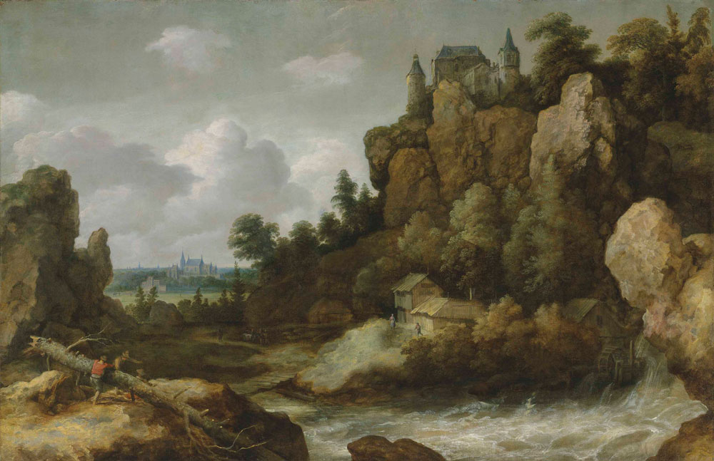 Allart van Everdingen - An extensive landscape with a waterfall, with a hilltop castle and a village beyond