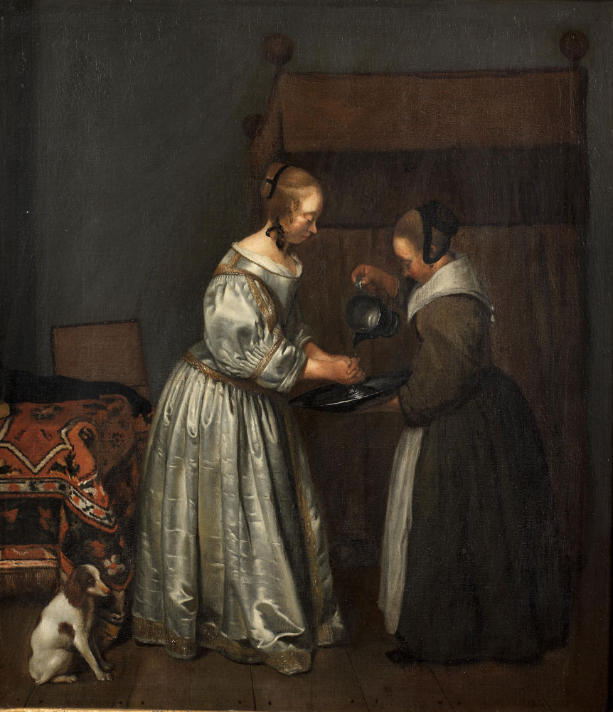 After Gerard Terborch - An interior with a young lady washing her hands