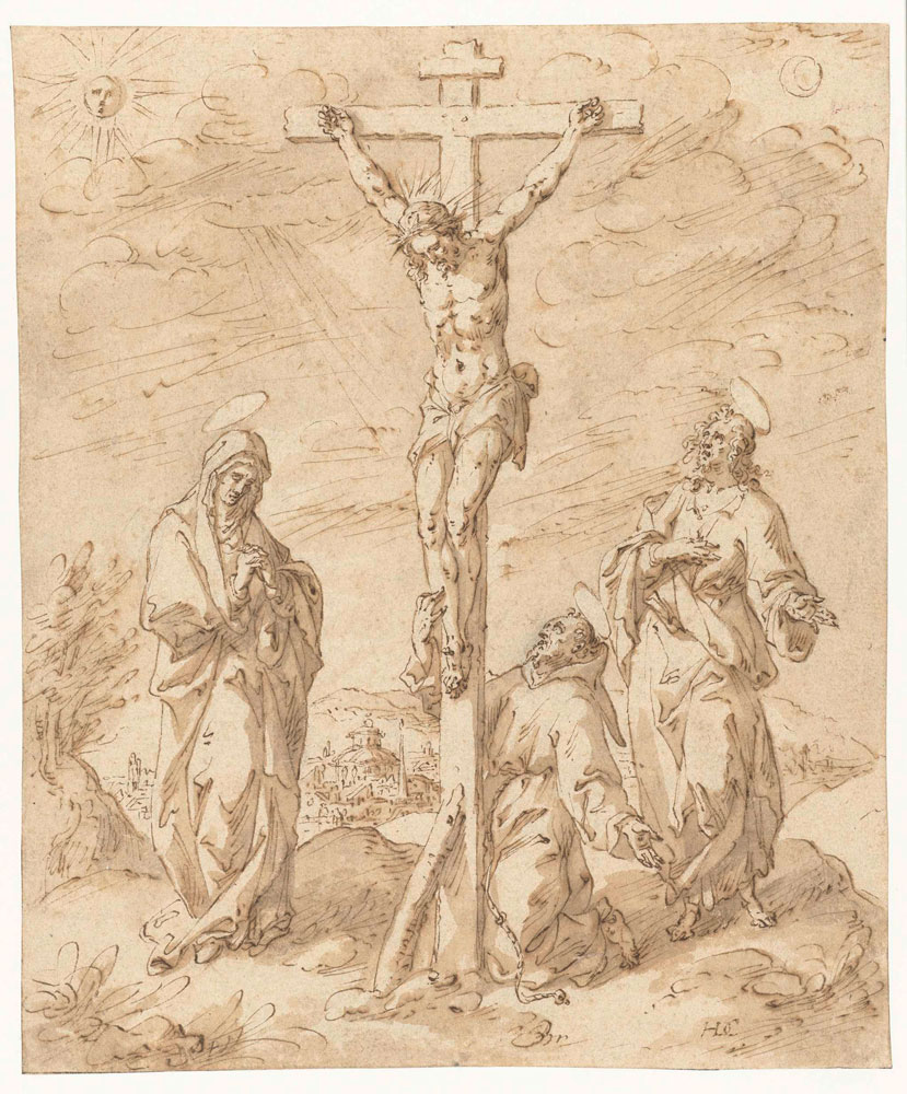 Hendrik de Clerck - Christ on the Cross between the Virgin and John the Evangelist, with St. Francis at the Front of the Cross