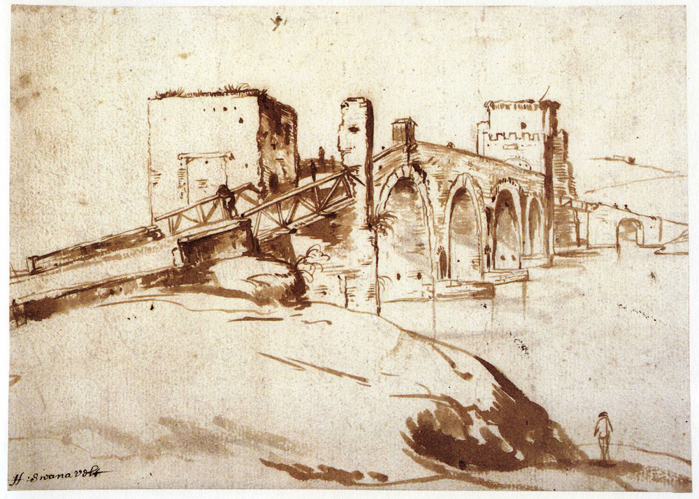 Herman van Swanevelt - View of the Ponte Molle across the Tiber
