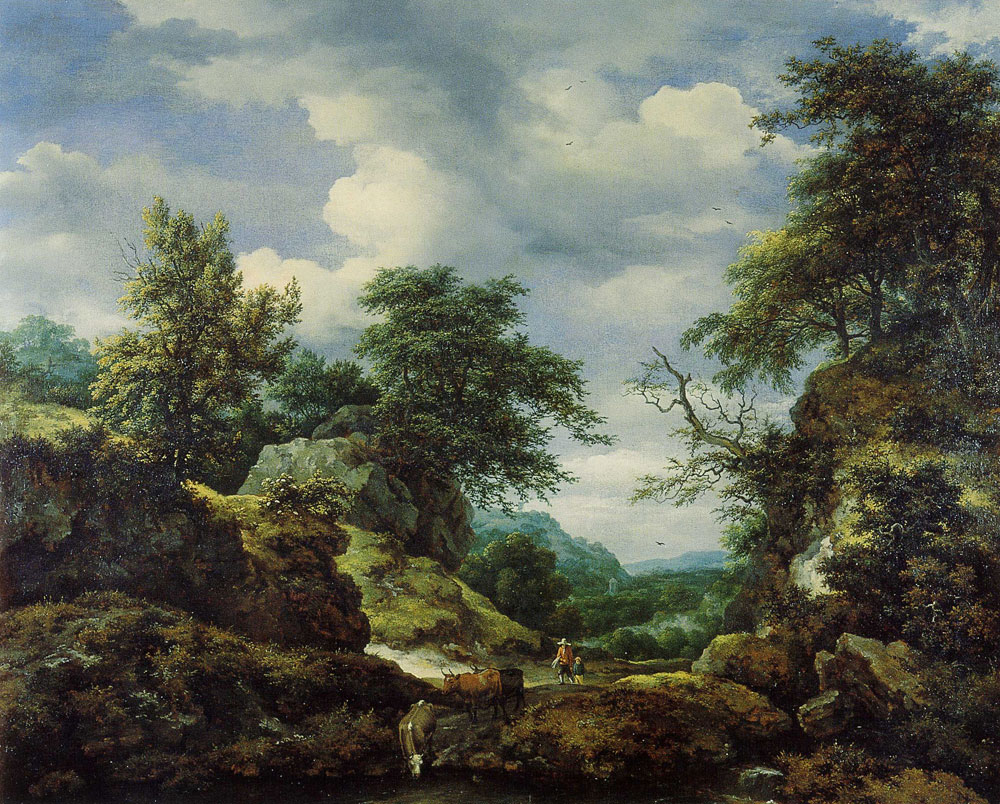 Jacob van Ruisdael - Hilly Wooded Landscape with Cattle