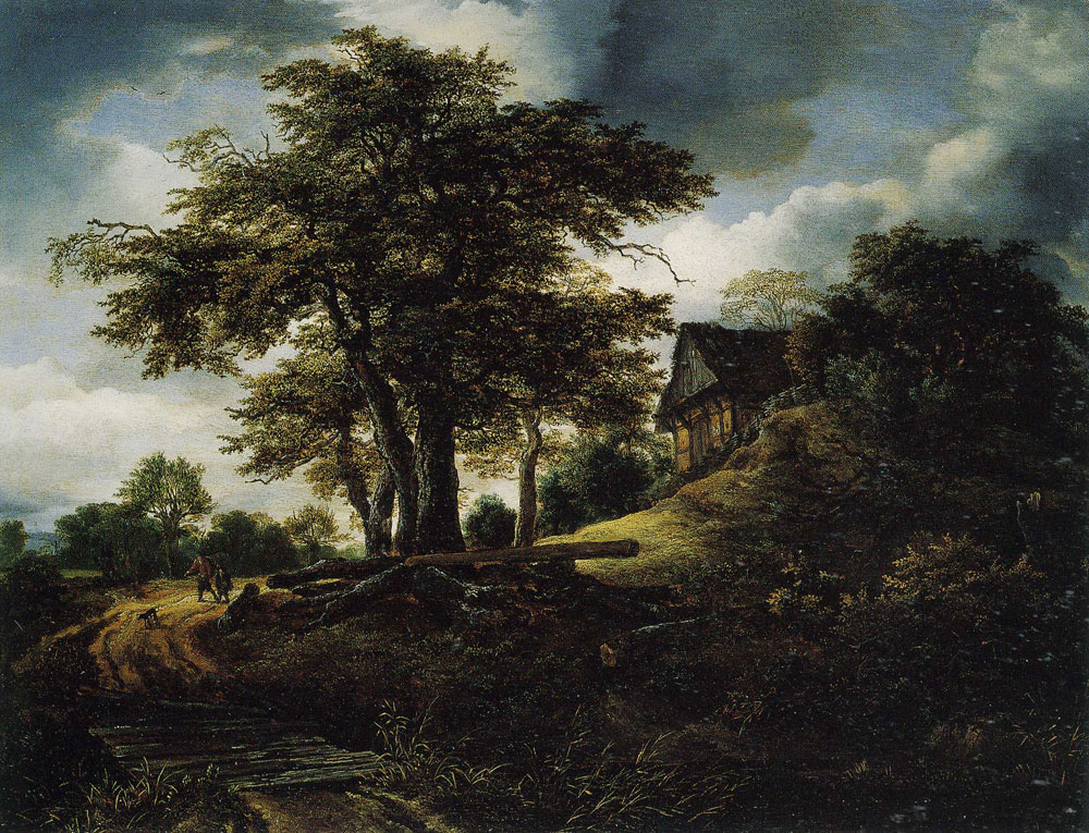 Jacob van Ruisdael - Woody Landscape with Large Oak Trees, a Winding Road and a Half-timbered House on a Knoll