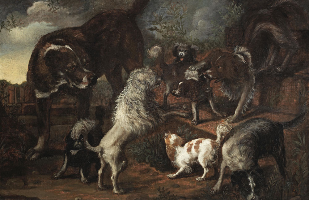 Attributed to Jacques Grief de Claeuw - Spaniels and other dogs in a landscape