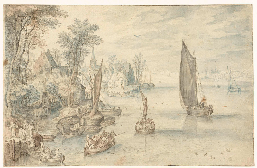 Copy after Jan Brueghel the Elder - Town on a Wide River, Rowing Boats and Sailing Boats in the Foreground
