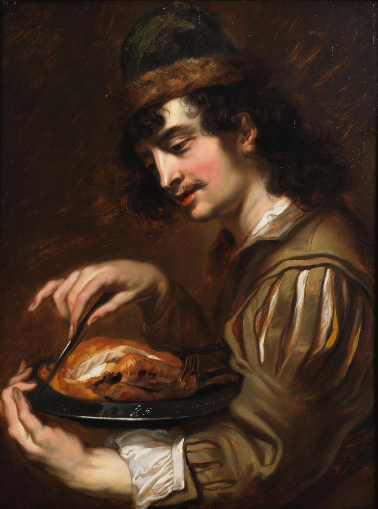 Jan Cossiers - A man holding a pewter charger with a chicken