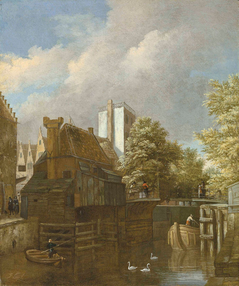 Jan van Kessel - Amsterdam, the Sint-Anthoniesluis looking north from the Brouwersgracht, with the gabled houses of Sint Antoniesbreestraat to the left