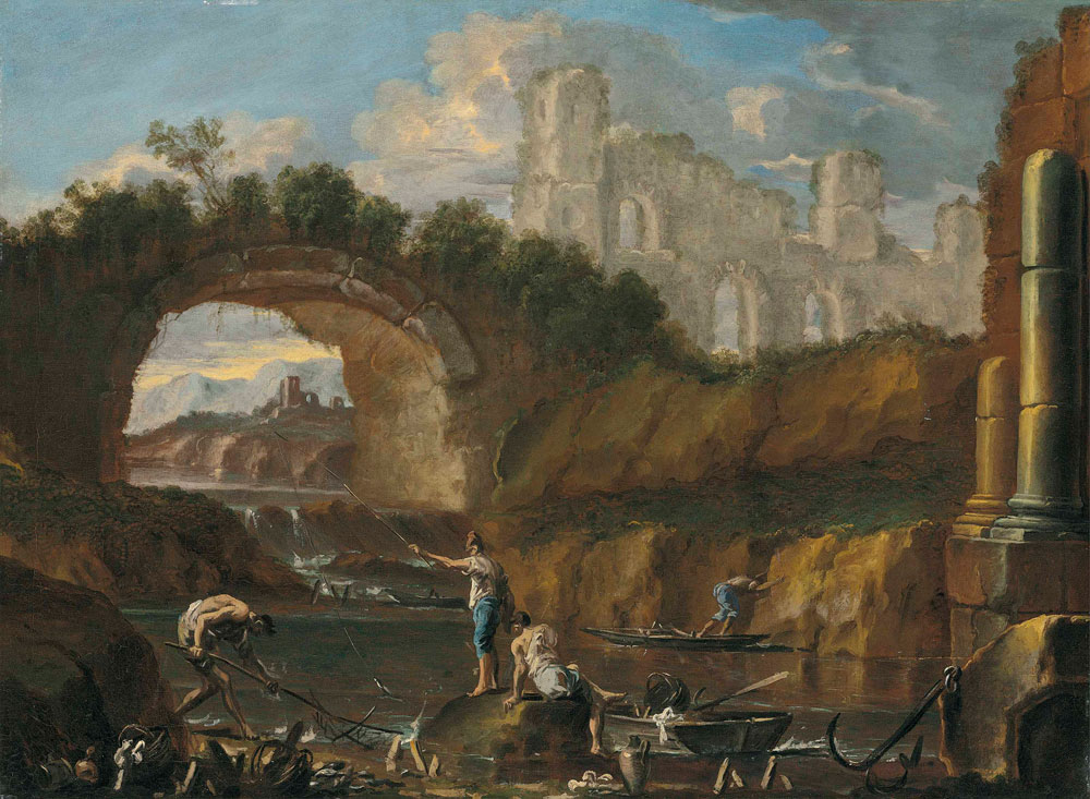 Alessandro Magnasco and Clemente Spera (?) - A river landscape with fishermen among ruins