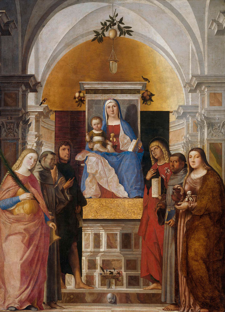 Marcello Fogolino - Madonna and Child with Sts Catherine, Francis of Assisi, John the Baptist, John the Evangelist, Antony of Padua and Mary Magdalene