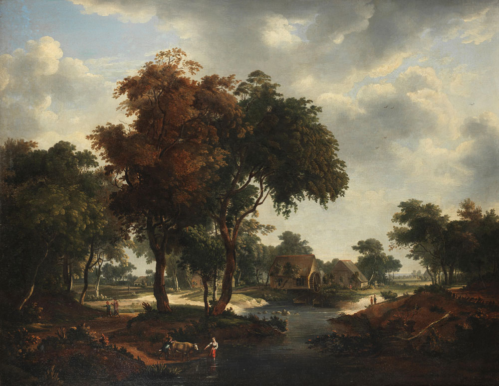 After Meindert Hobbema - A river landscape with a watermill in the distance