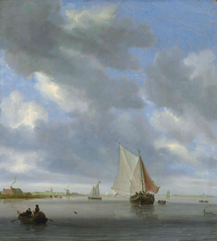 Salomon van Ruysdael - An estuary with a ferry and other vessels, a church and windmill beyond