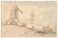 Copy after Jan Brueghel the Elder Four windmills by a Road, a Town in the Distance