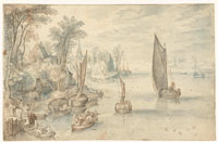 Copy after Jan Brueghel the Elder Town on a Wide River, Rowing Boats and Sailing Boats in the Foreground