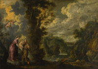 Attributed to Willem van Herp The Virgin presenting the Christ Child to Saint Francis in a rocky river landscape