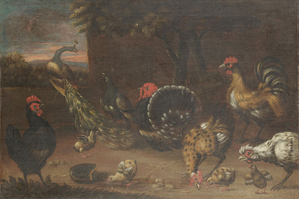 Circle of Adriaen de Gryeff - A peacock, roosters and various fowl in a barnyard