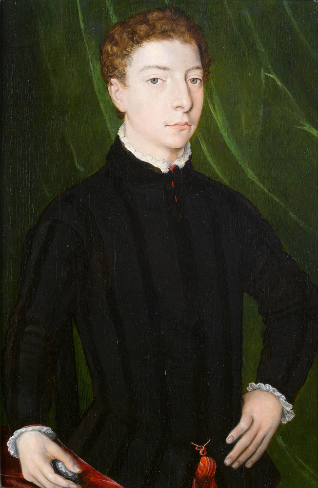 Circle of Agnolo Bronzino - Portrait of a young gentleman, half-length, in a black tunic, standing before a green curtain