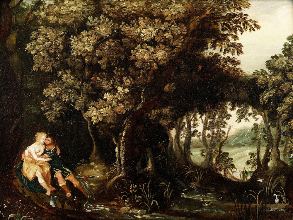 Antwerp School - A wooded landscape with Venus and Adonis