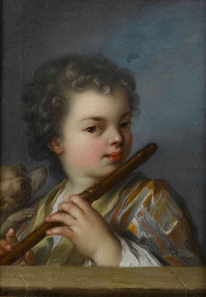 Studio of Charles-Antoine Coypel - A young boy playing the flute at a stone ledge
