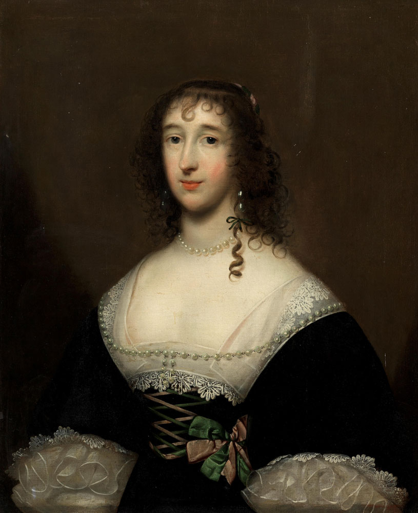 Cornelis Jonson van Ceulen - Portrait of a lady, said to be Lettice, Lady Falkland (circa 1612-1647), half-length, in a black dress with white lace collar and cuffs and a green and pink bow