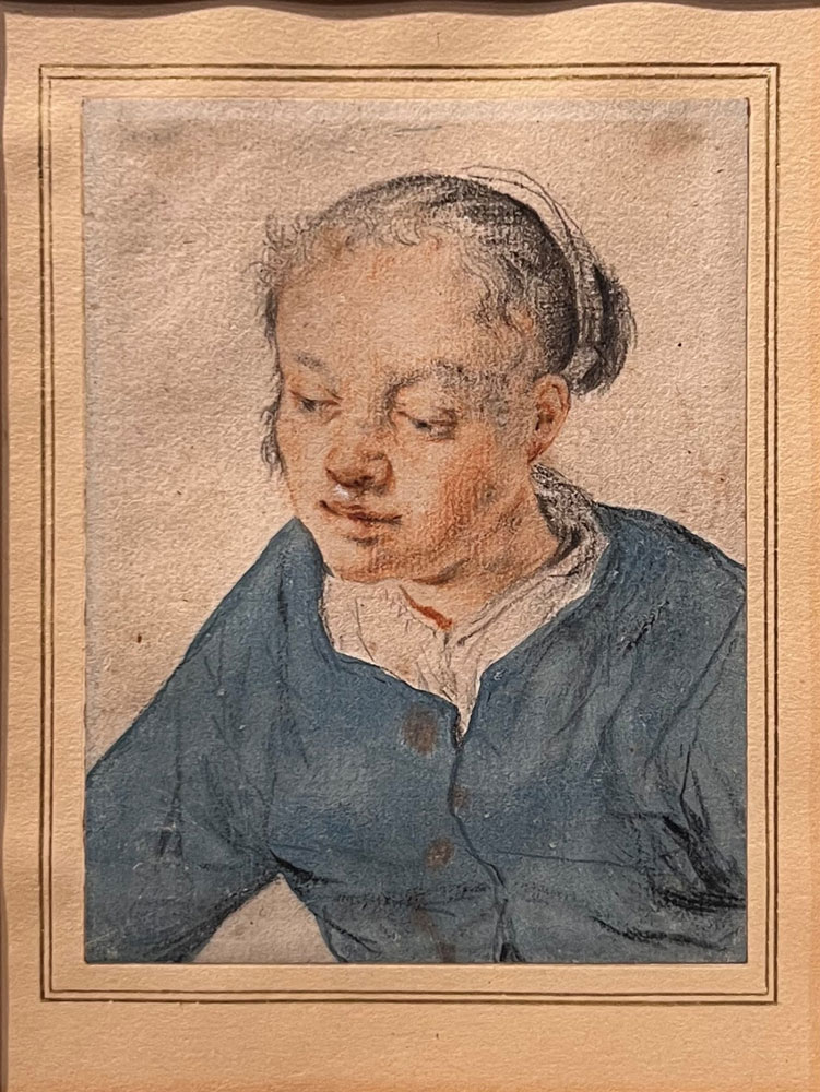 Cornelis Dusart - A young girl, bust length, leaning to the left, wearing a blue jacket