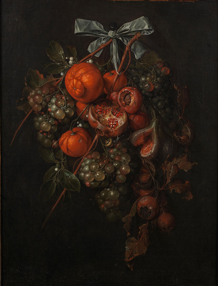 Cornelis de Heem - White grapes, oranges, a pomegranate, figs, plums and chestnuts tied with a blue ribbon and attached to a nail