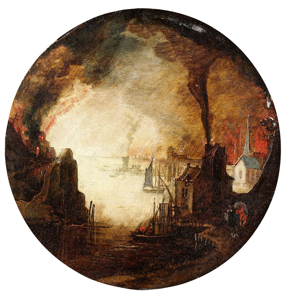 Attributed to Daniel van Heil - A burning Mediterranean seaport with a fleeing family