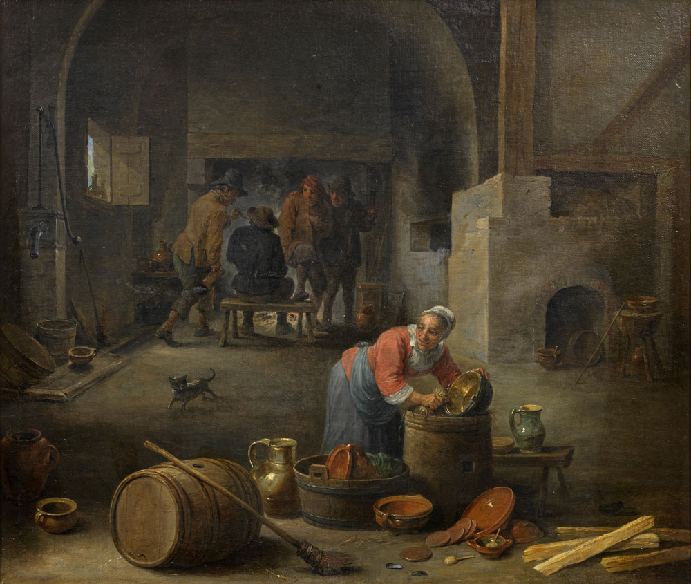Studio of David Teniers the Younger - Interior of an inn with a maidservant washing pots