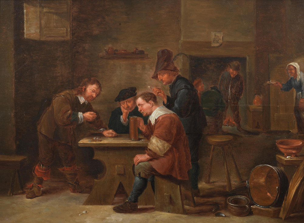 Circle of David Teniers the Younger - A tavern interior with figures eating, drinking and gambling