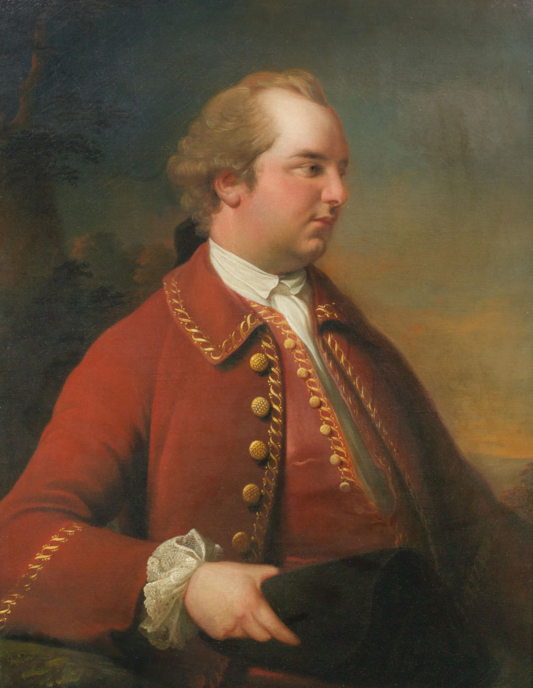 English School - Portrait of a gentleman, traditionally identified as John Hartley (1735-1801) of Whitehaven, half-length, in a red coat
