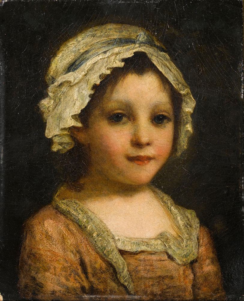 English School - Portrait of a young girl, bust-length,  in a pink dress and cloth cap