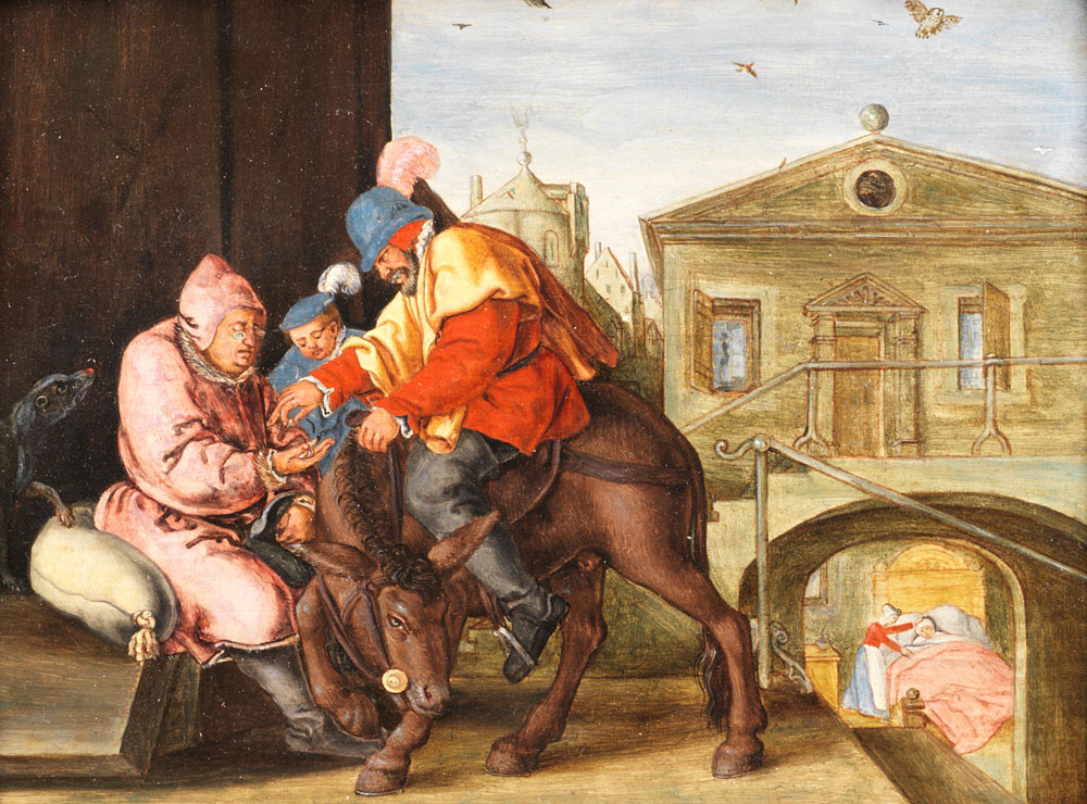 Flemish School - The Good Samaritan paying the innkeeper for the care of the wounded man