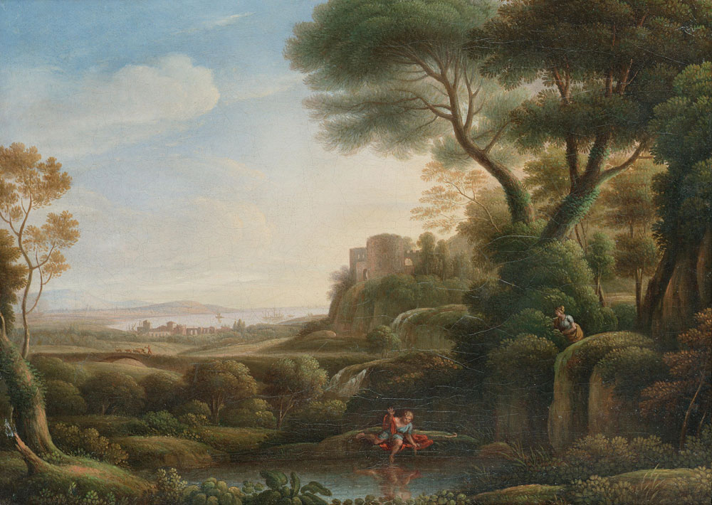 French School - An extensive Italianate landscape with Narcissus in the foreground beside a lake