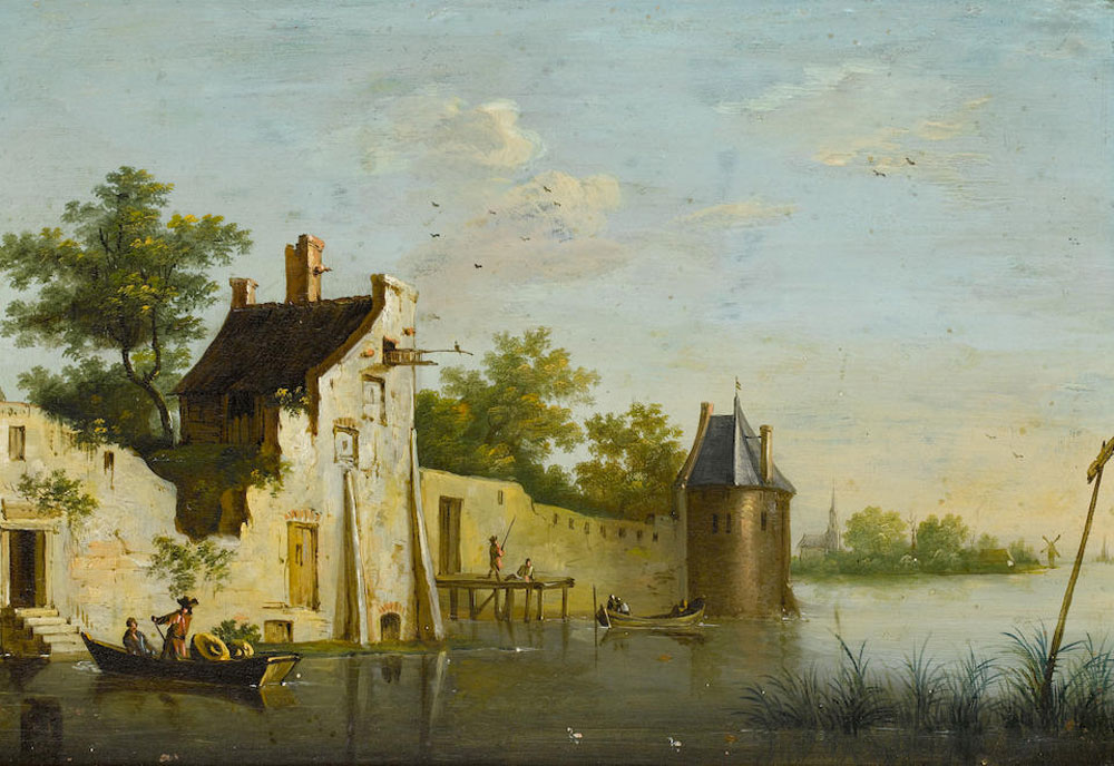 German School - Barges arriving at a walled village, before a river landscape