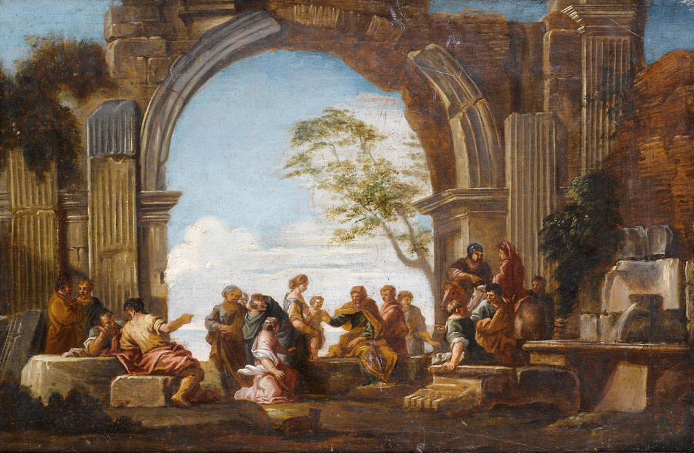 Studio of Giovanni Ghisolfi - Classical figures amongst ruins