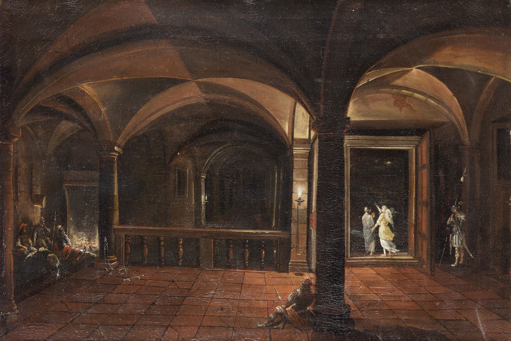 Follower of Hendrick van Steenwyck the Younger - A palace interior with the Liberation of Saint Peter