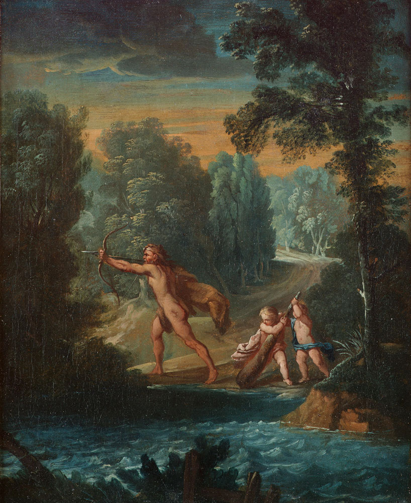 Italian School - Hercules on a river bank with putti holding his club