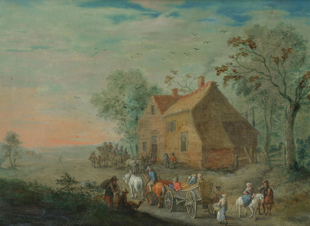 Attributed to Jacques Willem van Blarenberghe - Travellers on a country path, with a barn in the distance