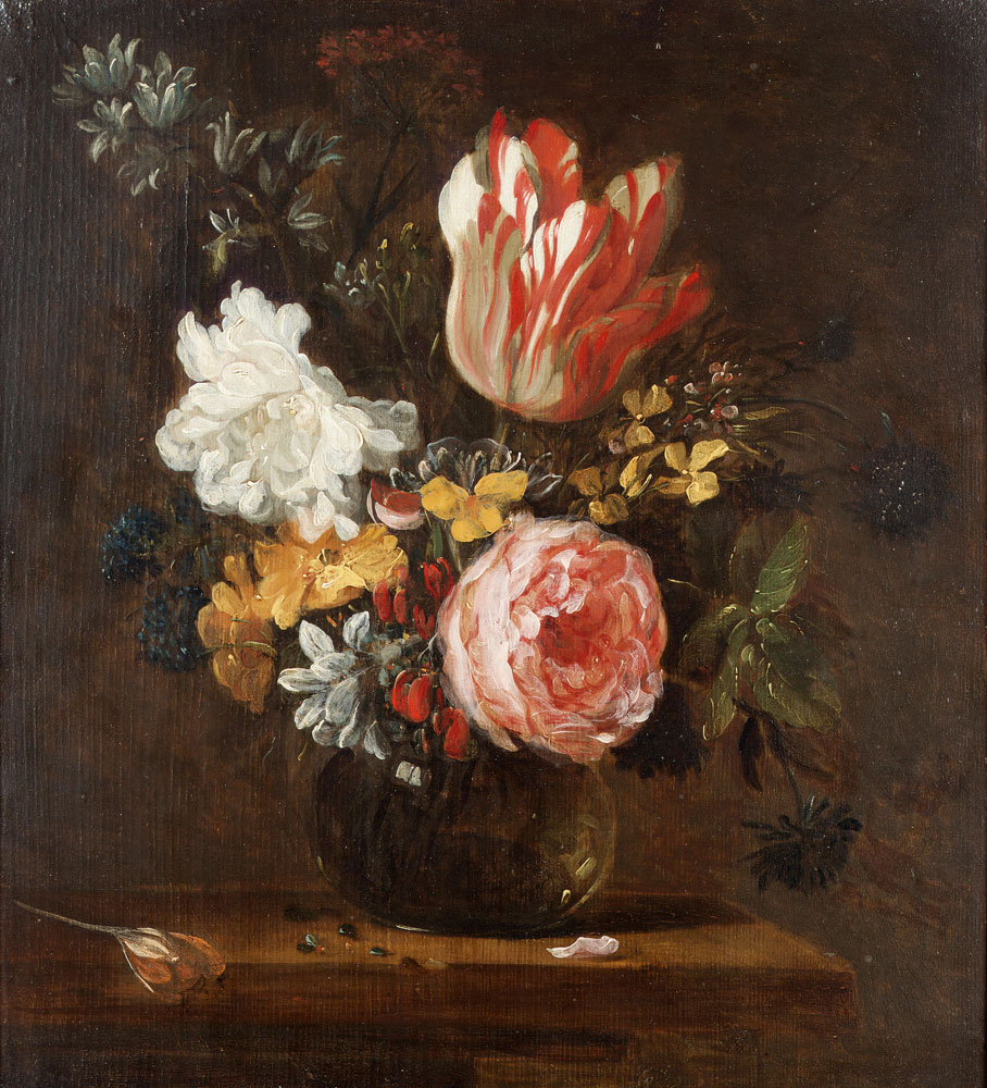 Jacques Grief de Claeuw - A parrot tulip, roses, hyacinths and other flowers in a glass vase on a wooden table