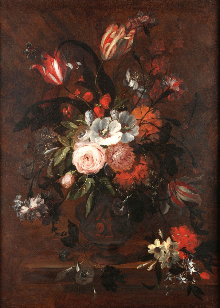Jan van den Hecke the Elder - Roses, carnations, tulips, narcissi and other flowers in an earthenware vase on a table top